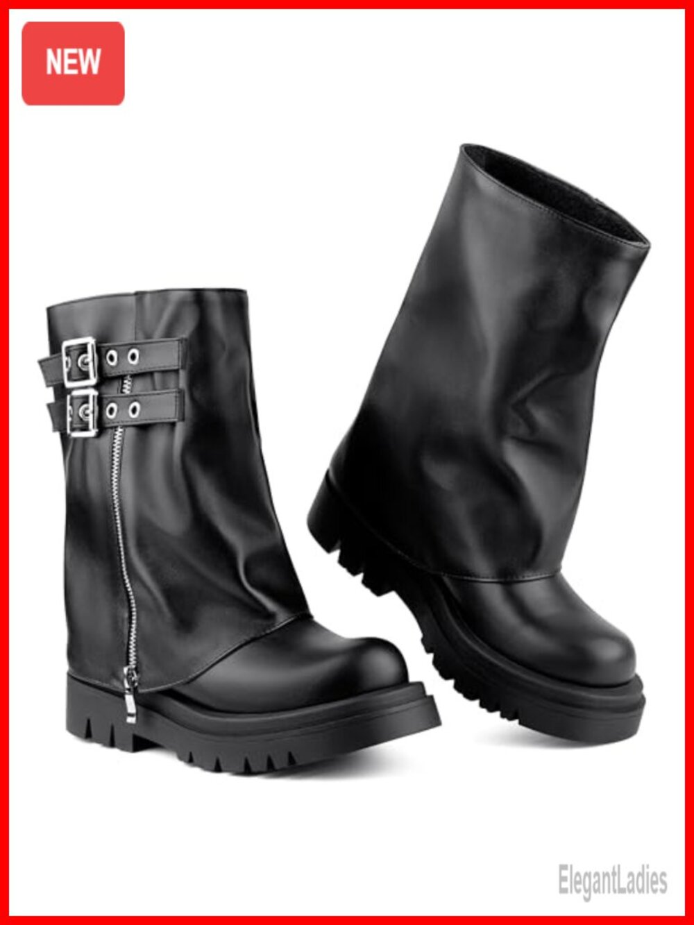 Faux Leather Mid Calf Fold Over Moto Combat Platform Boots